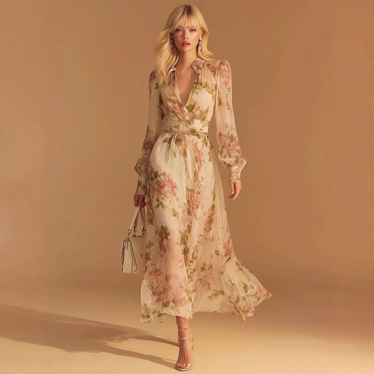 Floral-print V-neck French Vintage Mesh Dress