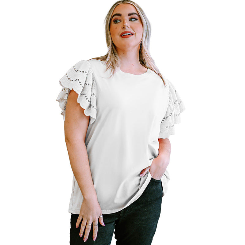 Female Lace Hollow Out Versatile Casual Short Sleeved Shirt
