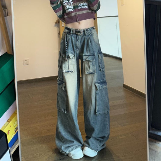 Amerikanske Multi-pocket Arbejdsbukser Jeans til Kvinder – Vide Ben, Løstsiddende, Vasket, Slidt Look
