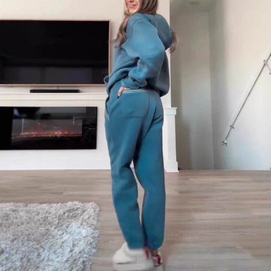 Lace-trimmed Kangaroo Pocket Hoodie And Elastic Waistband Sweatpants Set