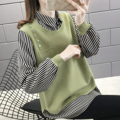 Fake Two-piece Women's Long-sleeved Shirt Collar Knitted Sweater