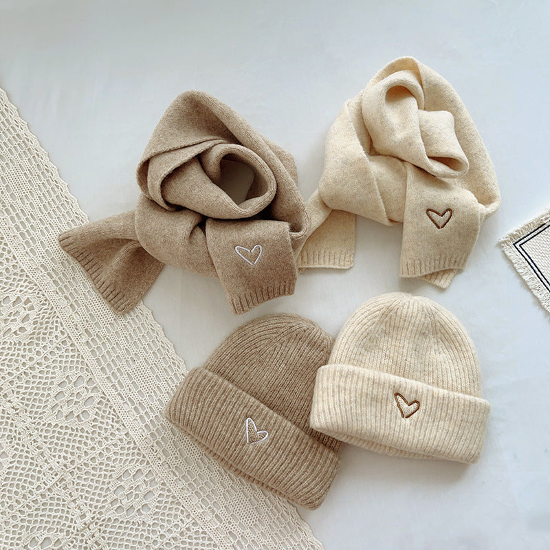 Heart Embroidery Solid Color Children Woolen Knitted Hat