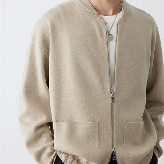 Heavy Two-way Zipper Knitted Cardigan Simple Casual Baseball Collar Sweater