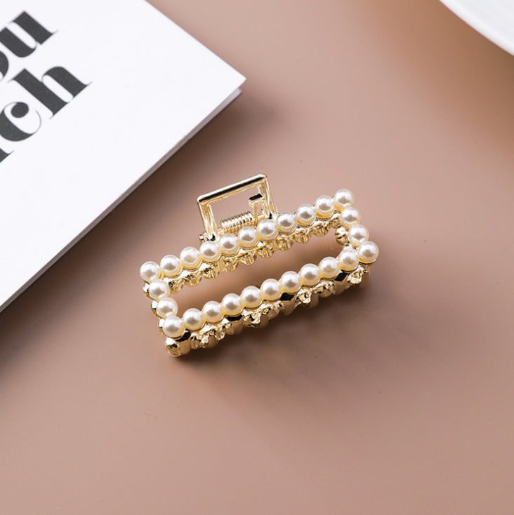 Geometric Square Love Curved Pearl Rhinestone Hair Clip