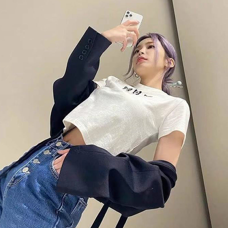Butterfly Print Crew Neck T-Shirt Letter Cropped Casual Top