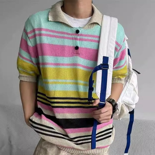 Men's Japanese Loose Striped Lapel Knitted Polo Shirt