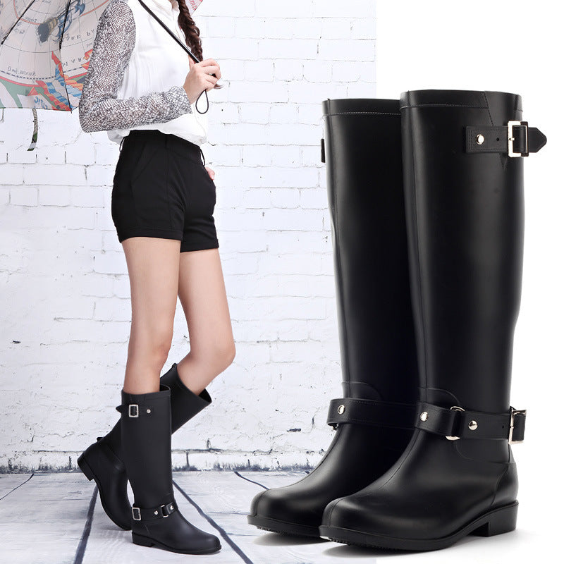 Fashion High Rain Boots Buckle Red Zipper Korean Water Shoe