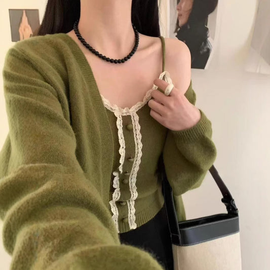 Women's Solid Color Sweater Cardigan Two-piece Suit