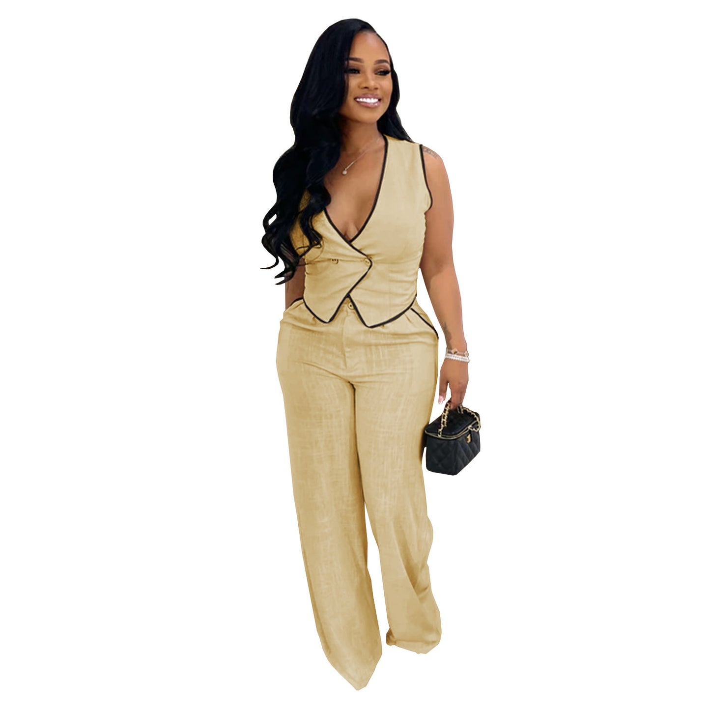 Casual V-neck Button-up Top And Pants Two-piece Set