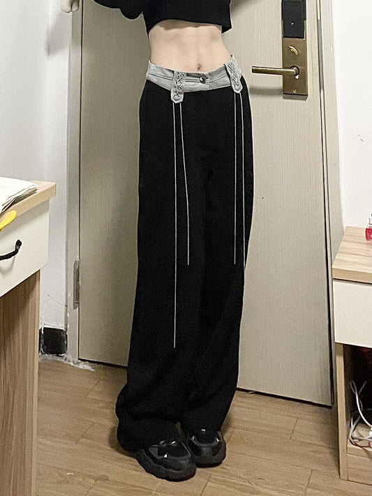 Retro Splicing Clash Color High Waist Wide Leg Straight Pants Women