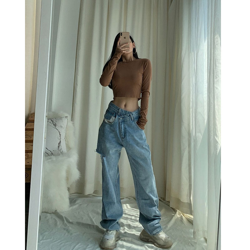 Dame Ripped Jeans Med Høj Talje Og Løs Pasform