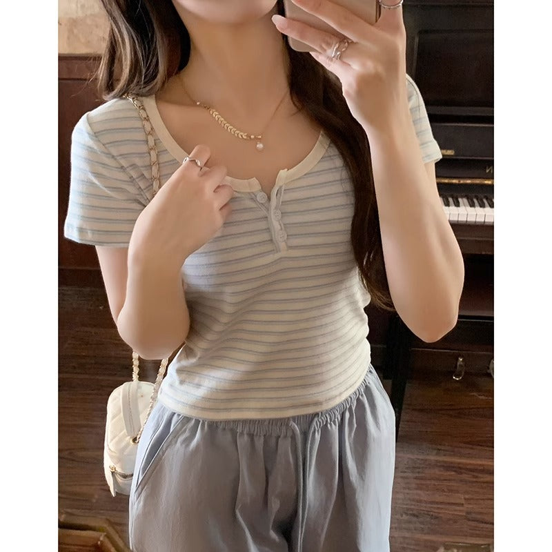 American Retro Shoulder Striped Short Sleeve