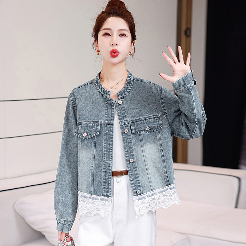Cappotto di jeans da donna con cuciture in pizzo