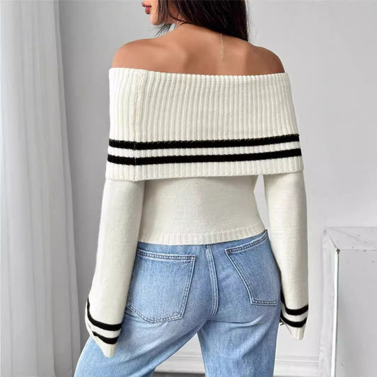 Strikket Top til Kvinder med Off-shoulder, Kort Mave og Trompetærmer