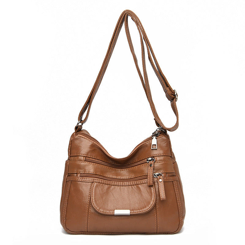 Versatile Washed Soft Leather One-Shoulder Crossbody Bag