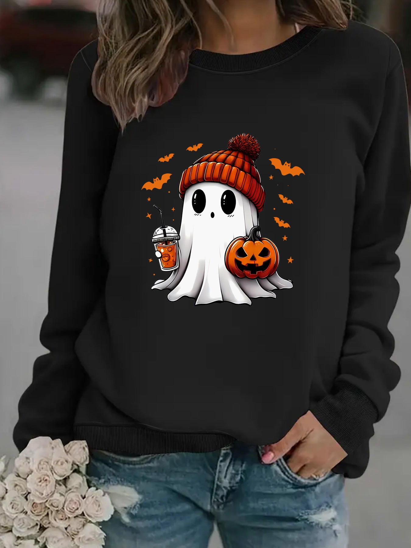 Crewneck Snowman Ghost Print Pullover Sweater