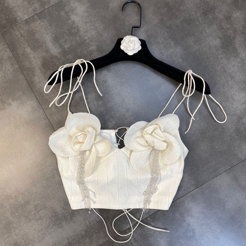 Sexy Backless Three-dimensional Flower Lace-up Vest Top