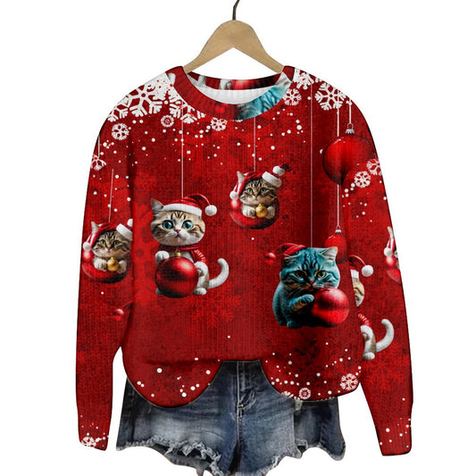 Julesweatshirt til damer med rund hals og snefnugprint, julekattemotiv