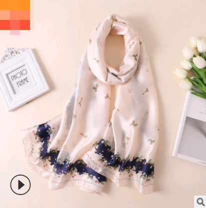 Spring, summer and autumn, new flowers, elegant and high-end artificial silk scarf, female decorative shawl, sunscreen beach towel
