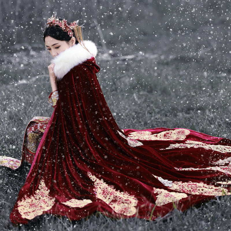 National Style Retro Thickened Wool Collar Long Hooded Cloak