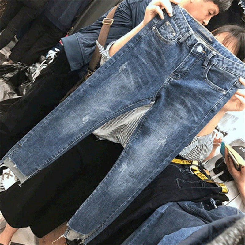 Korean Version Of Plus Size Jeans Women'S Fat Mm High Waist Stretch Slimming Straight-Leg Pants Nine-Point Pants