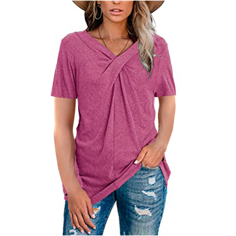 Women's V Neck Short Sleeved Neckline Kink Casual T Shirt