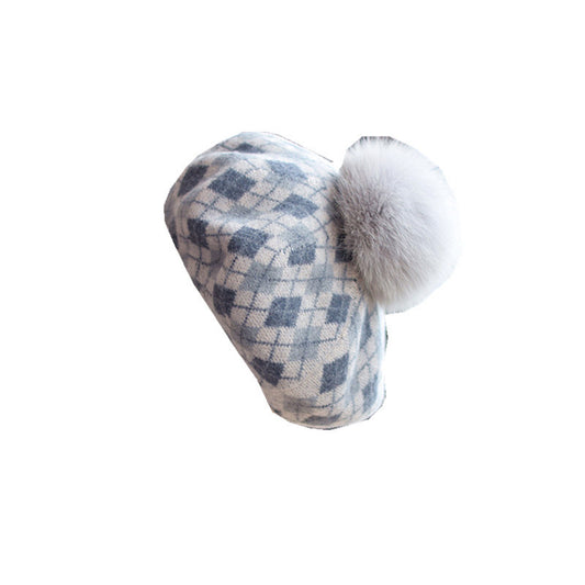 Women's Autumn And Winter Check Fur Ball Wool Beret