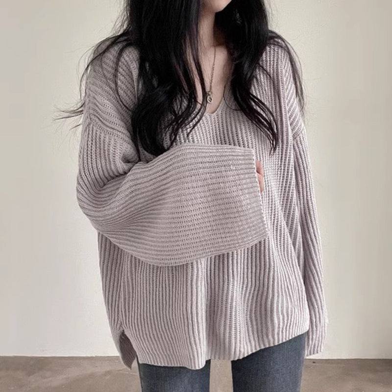 Women's V-neck Loose Leisure All-matching Long Sleeve Coarse Yarn Thick Sweater