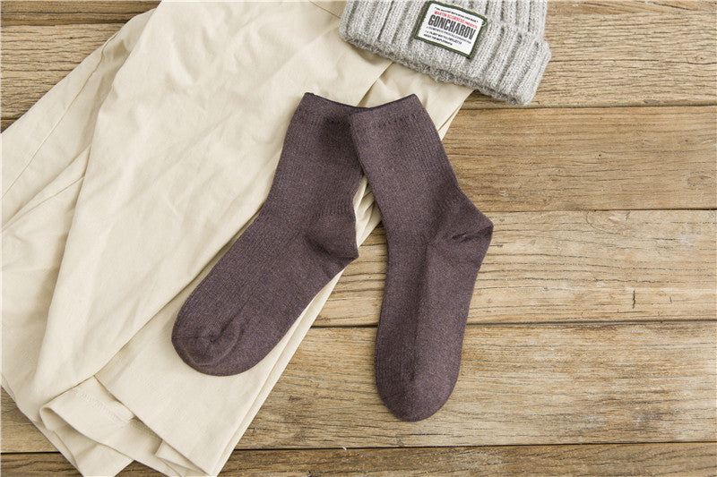 Japanese Retro Solid Color Double Needle Women's Mid-tube Cotton Socks