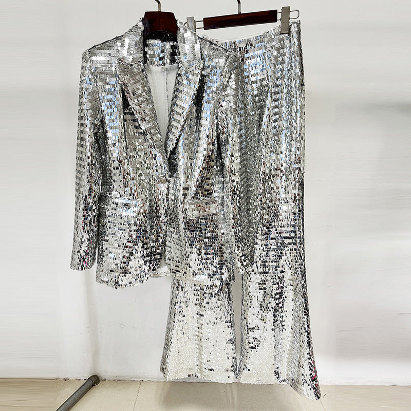 Fashionable One-Button Mesh Sequin Blazer And Pants Suit