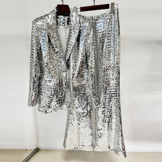Fashionable One-Button Mesh Sequin Blazer And Pants Suit