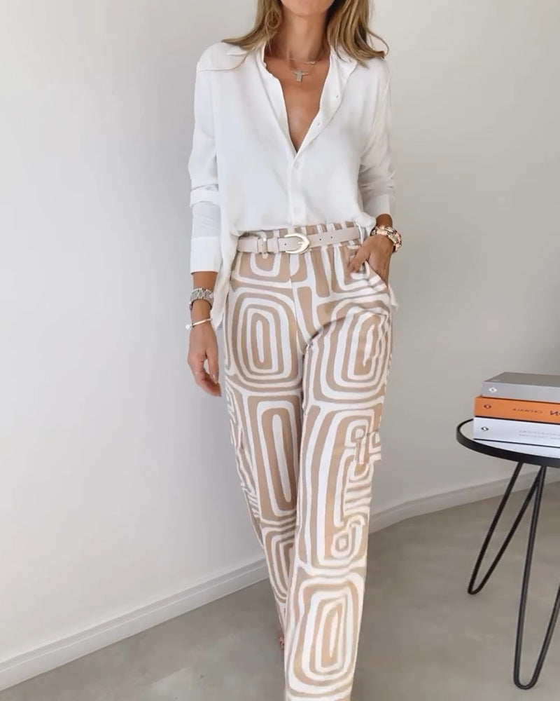Long-sleeved Lapel Shirt Printed Wide-leg Pants Suit