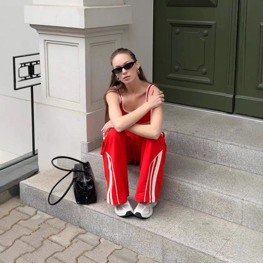 Womens Street-Style Sports Tank Top And High-Waisted Wide-Leg Pants Set