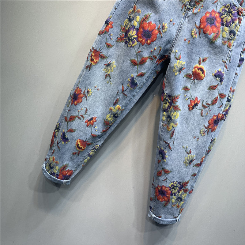 Harem Fashion Loose And Thin Flower Print Casual Jeans Baggy Trend