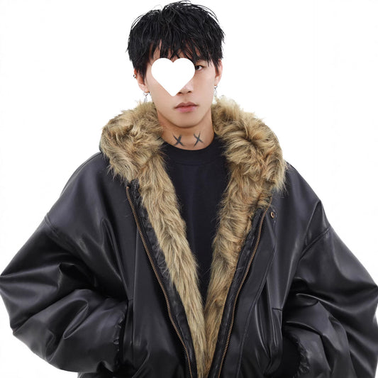 Mens Winter Fleece-Lined Thickened Reversible Leather-and-Fur Jacket