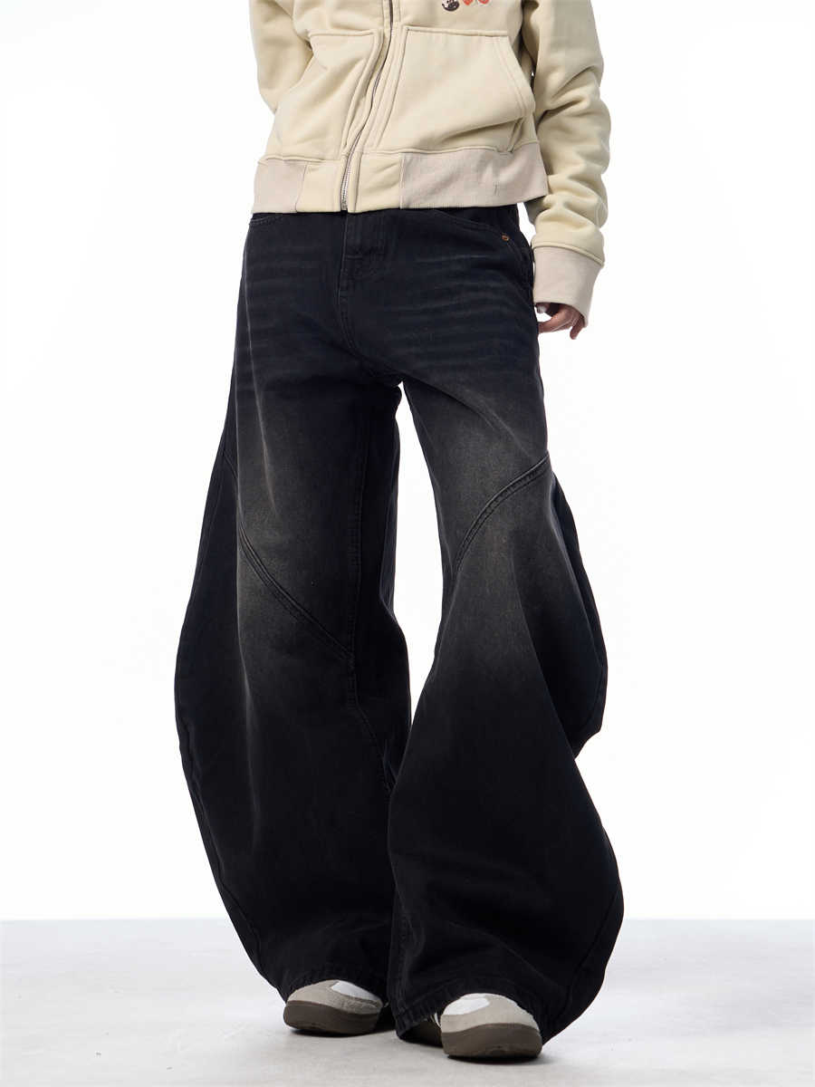 Retro Sorte Jeans til Kvinder, Løse Bukser med Lige Vide Ben