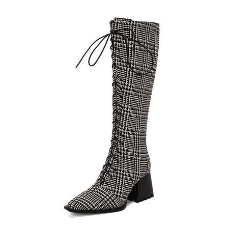 European And American Autumn And Winter Thick Heel Boots Cross Lace Loop