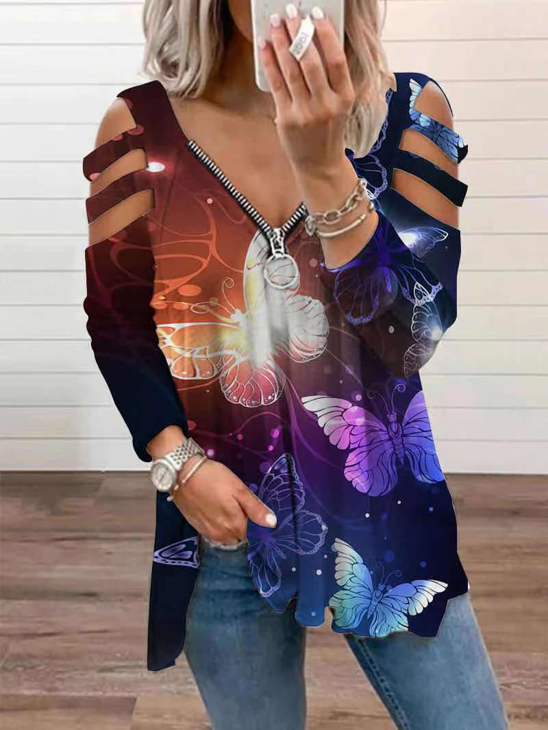 Lynlås pullover, printet langærmet løs T-shirt, dametop