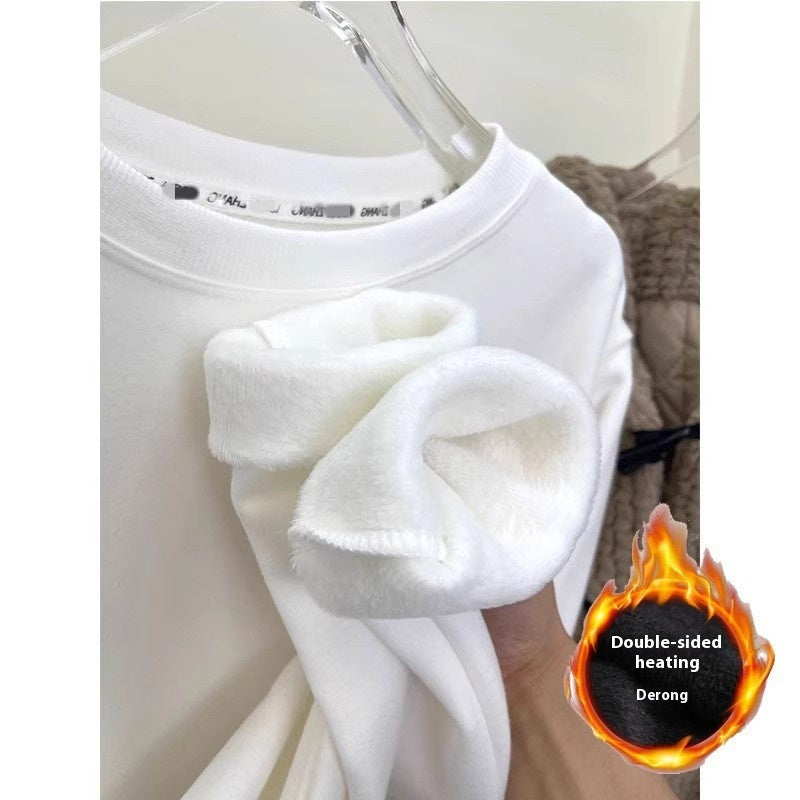 Plus Velvet Hvid Bundskjorte Dame Inder Match Mellemlang Løs T-shirt