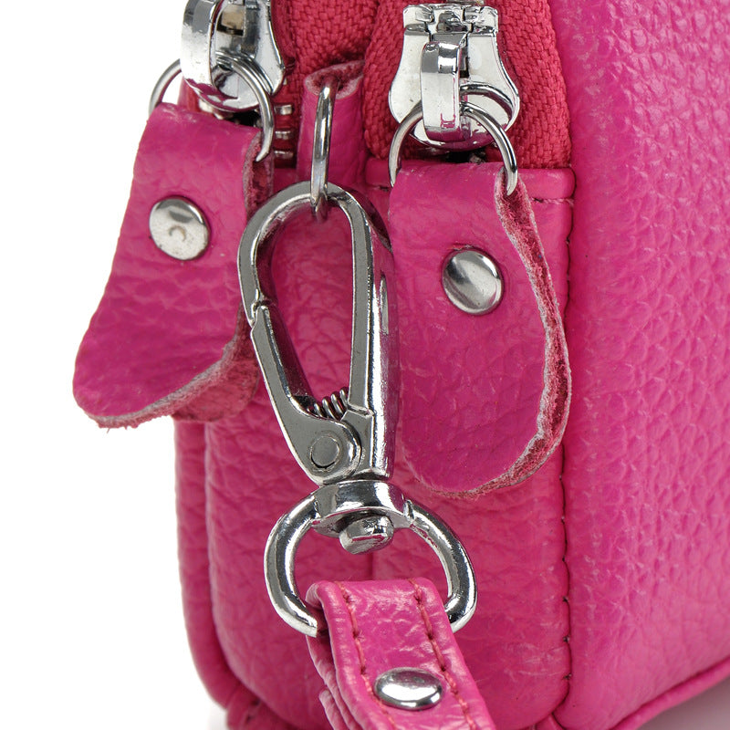 Cowhide double zipper small lady pocket handbag mini mobile bag