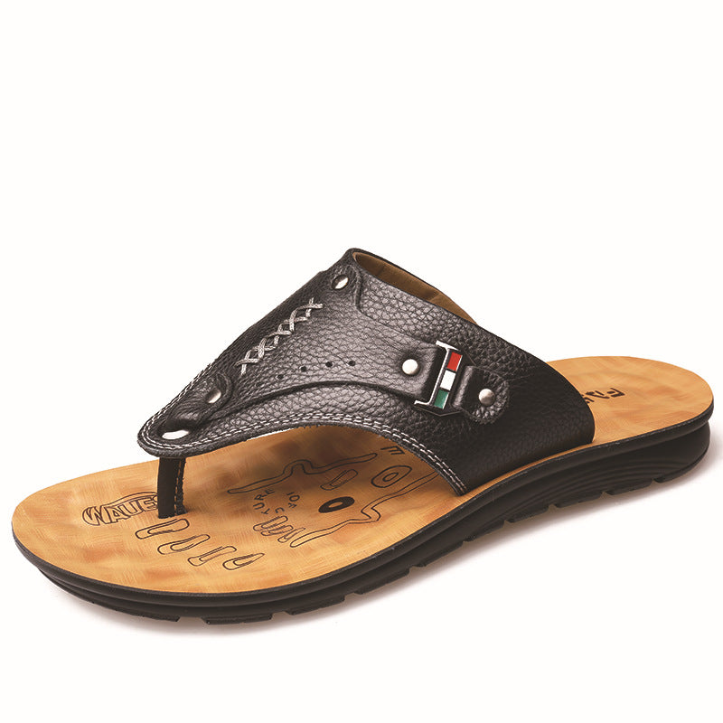 Casual Shoes Open-toe Outdoor Leather Flip-flops With Soft Soles