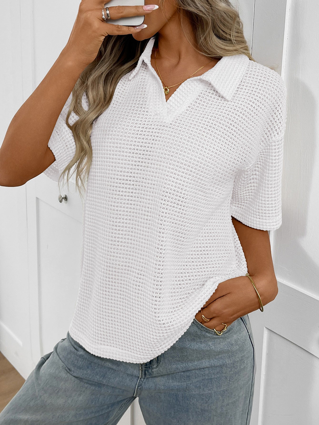 Women's Solid-Colored Knitted Pullover T-Shirt With Lapel Collar Loose-Fit Short Sleeves