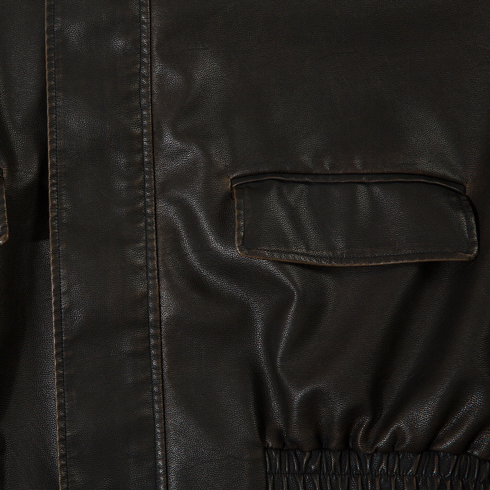 American Solid Color Polo Collar PU Leather Coat