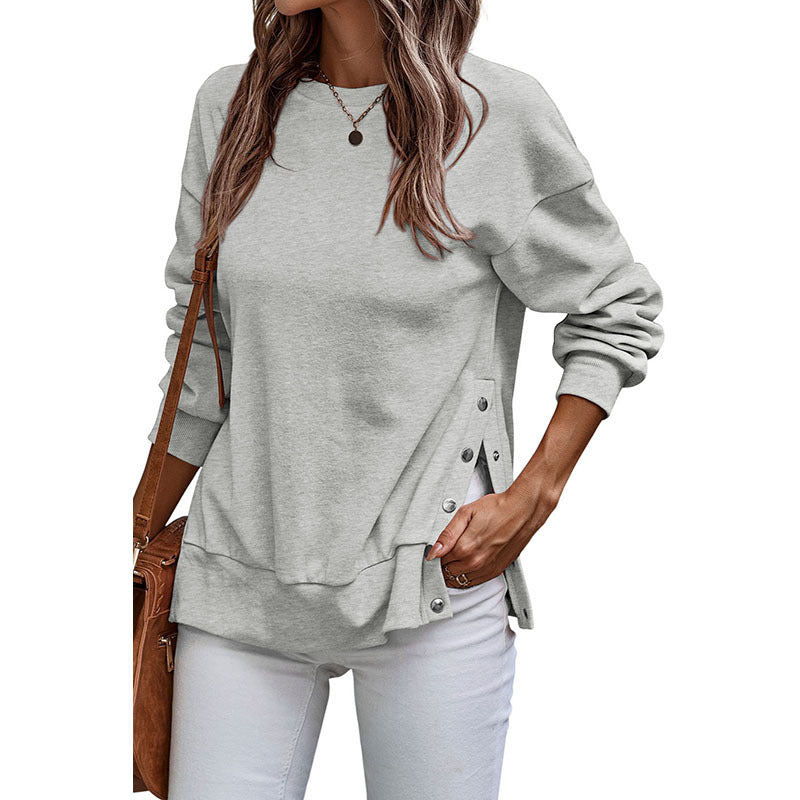 Solid Color Pullover Women's European And American Leisure Style Slit Loose Flab Hiding Long Sleeve Bathroom