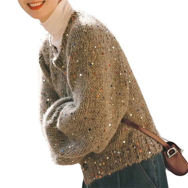 Retro Gray Sequins Sweater Cardigan Coat