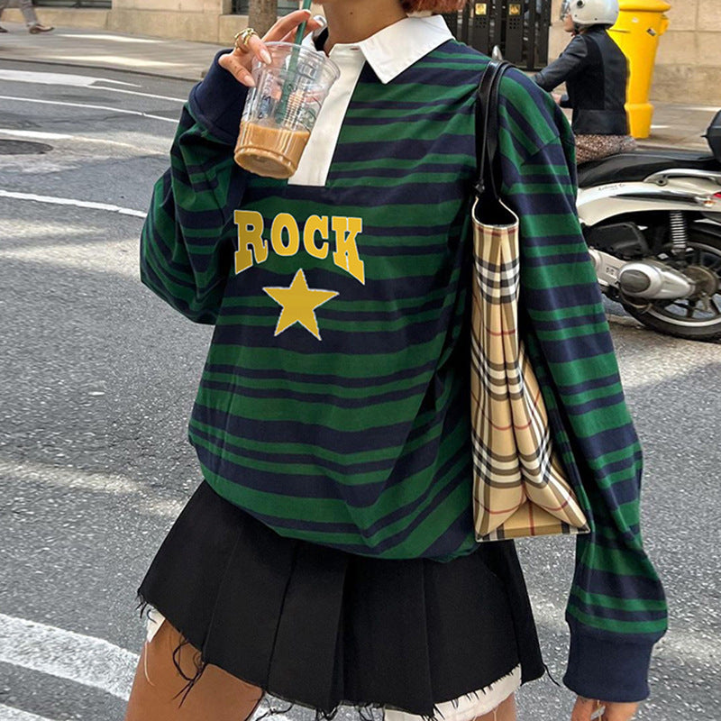 Personality Street College Striped Pentagram Print Sweatshirt
