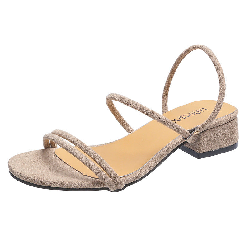 New European And American Simple Suede Thin Strap Open-toe Mid-heel Slippers