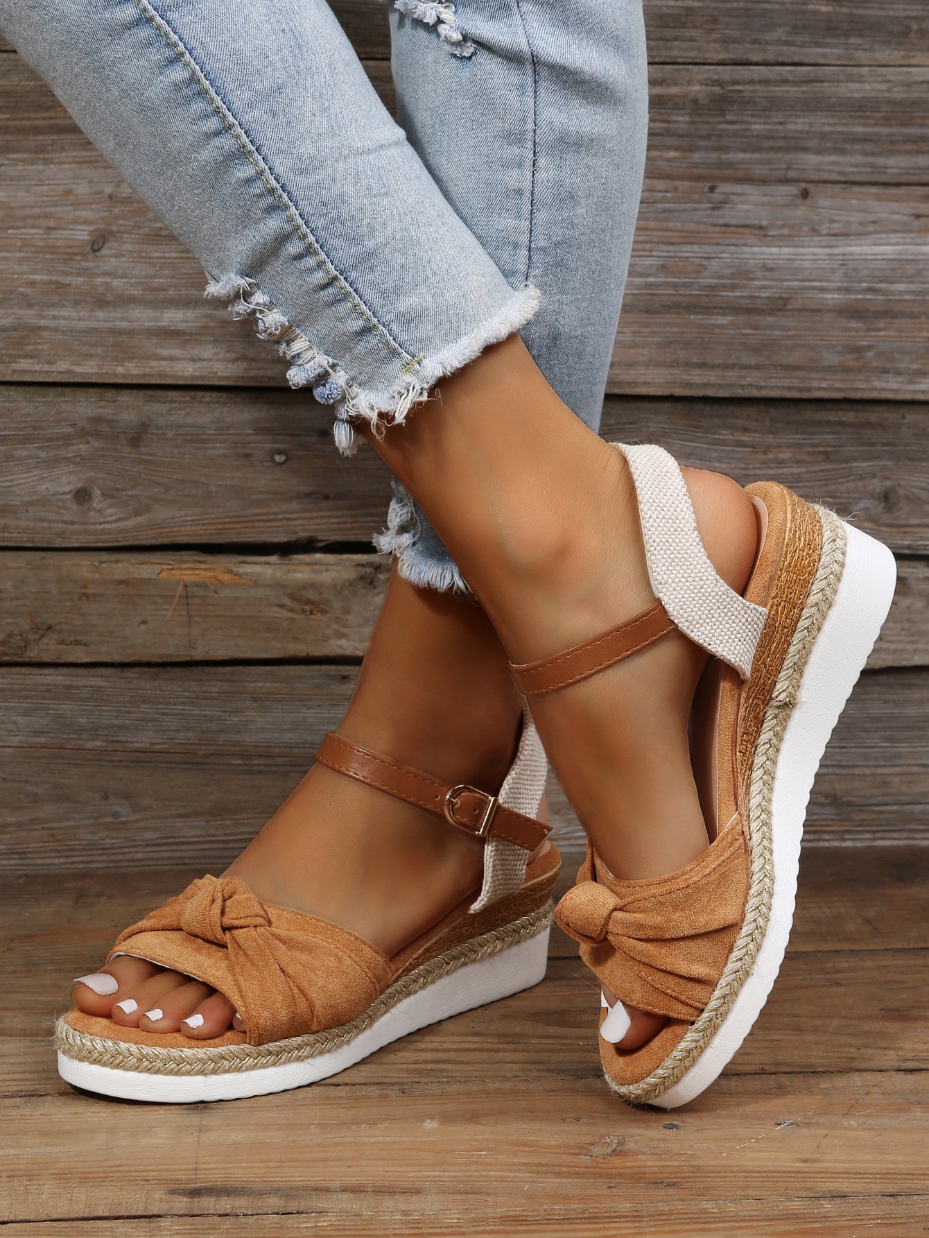 Fish Mouth Bow Hemp Rope Sole Light Platform Sandals