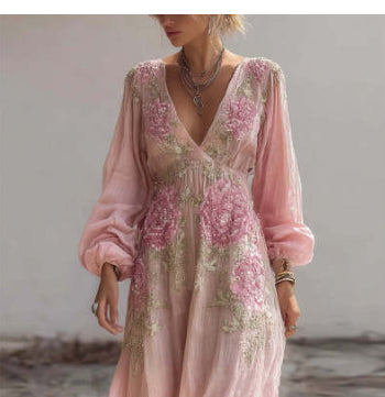 Womens 3D-printed Plant And Floral Retro Elegant V-neck Maxi Dress