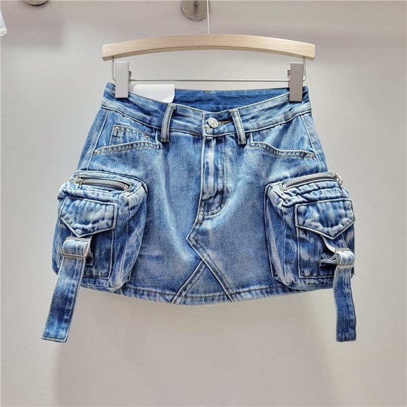 Retro Three-dimensional Workwear With Pocket Denim Skirt